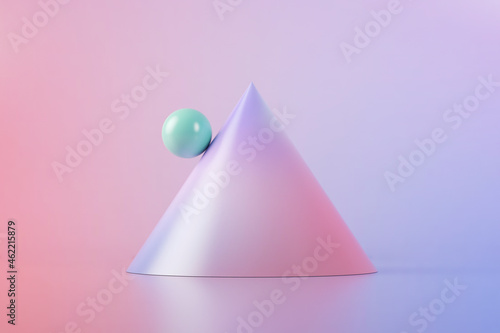 Three dimensional render of green ball balancing on slope of purple cone