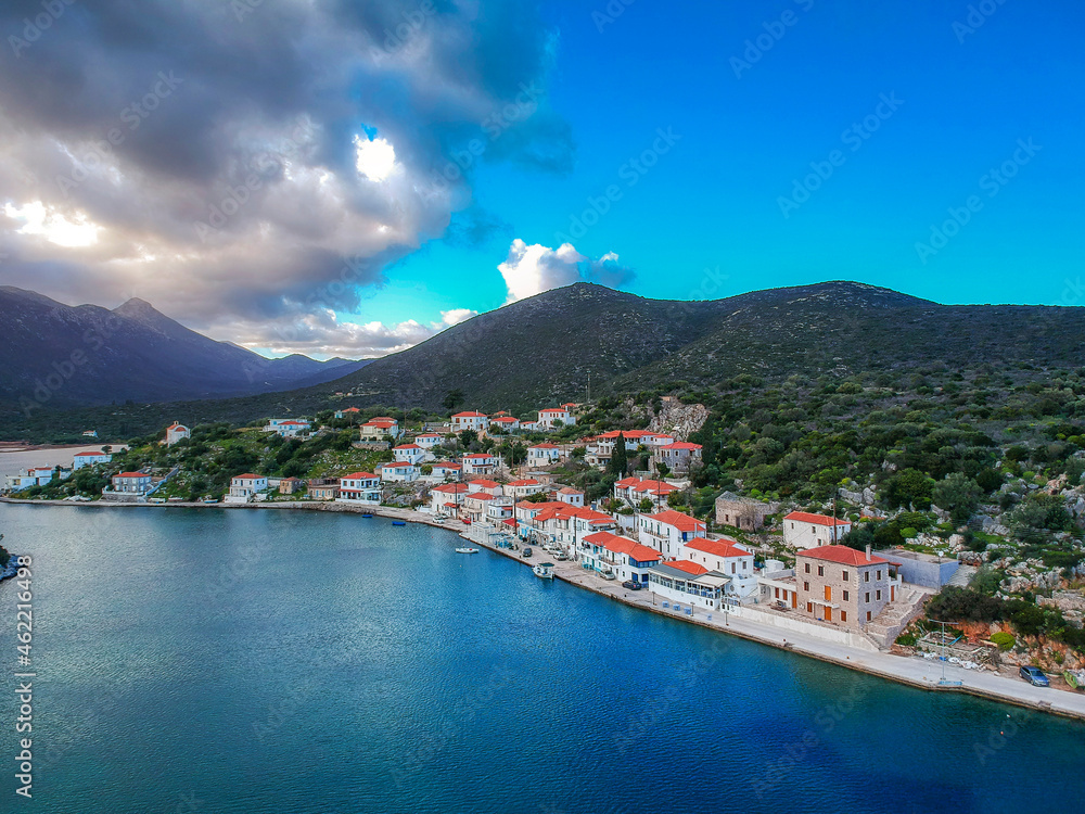 Beautiful aerial view at Ierakas, a picturesque fishing village in Laconia, Greece. The village is also known as the Greek natural Fjord due to the geomorphology of the place. Peloponnese, Greece