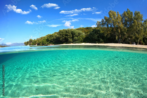 Underwater split photo of famous bay and sandy turquoise beach of Fanari with crystal clear calm sea and rich aquatic life in Ionian island of Meganisi, Greece