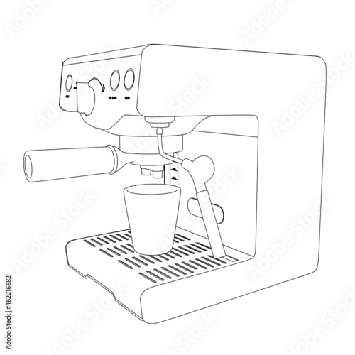 Outline of a coffee machine from black lines isolated on a white background. Perspective view. Vector illustration