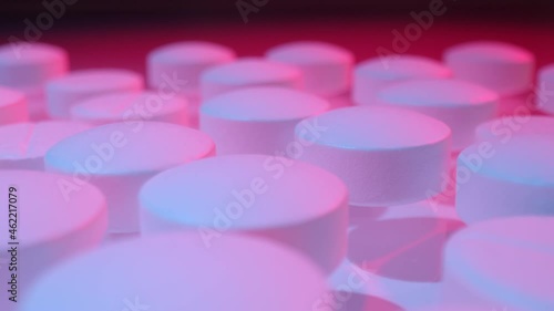 Macro shot of medications tablets drugs. Treatment pharmacology oncept. photo