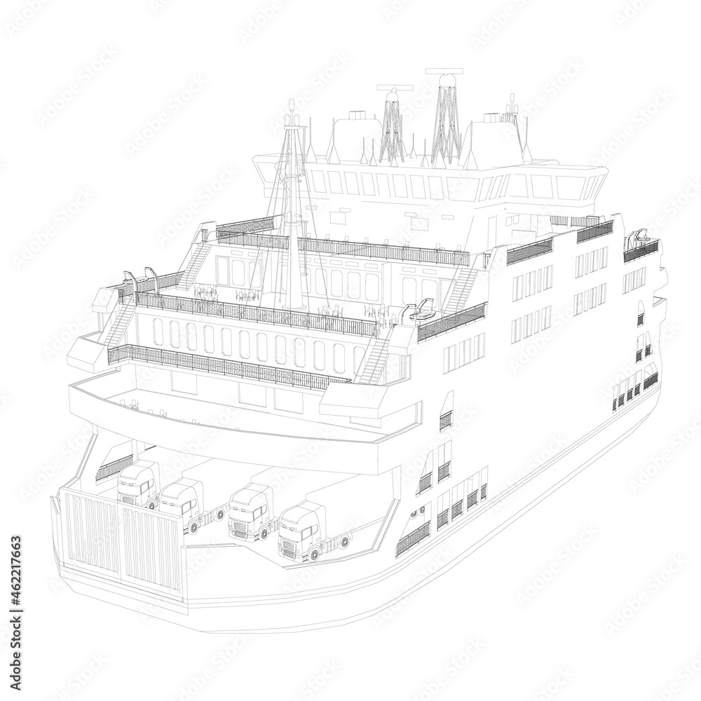 Liner contour of black lines isolated on white background. Passenger ship. Perspective view. Vector illustration