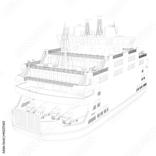 Liner contour of black lines isolated on white background. Passenger ship. Perspective view. Vector illustration