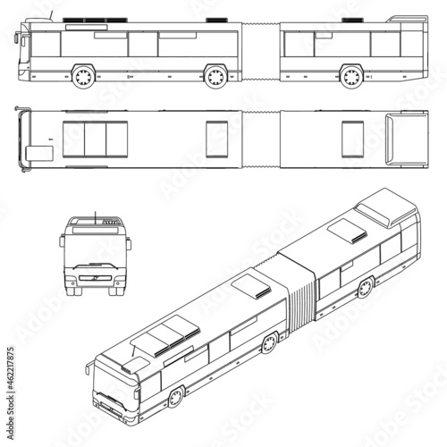 Set with the contours of a long bus from black lines isolated on a white background. Front, side, top, isometric view. Vector illustration