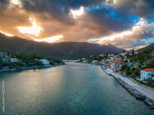Beautiful aerial view at Ierakas, a picturesque fishing village in Laconia, Greece. The village is also known as the Greek natural Fjord due to the geomorphology of the place. Peloponnese, Greece