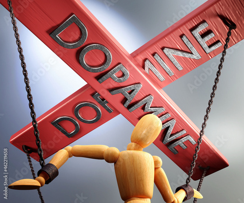 Dopamine control, power, authority and manipulation symbolized by control bar with word Dopamine pulling the strings (chains) of a wooden puppet, 3d illustration photo