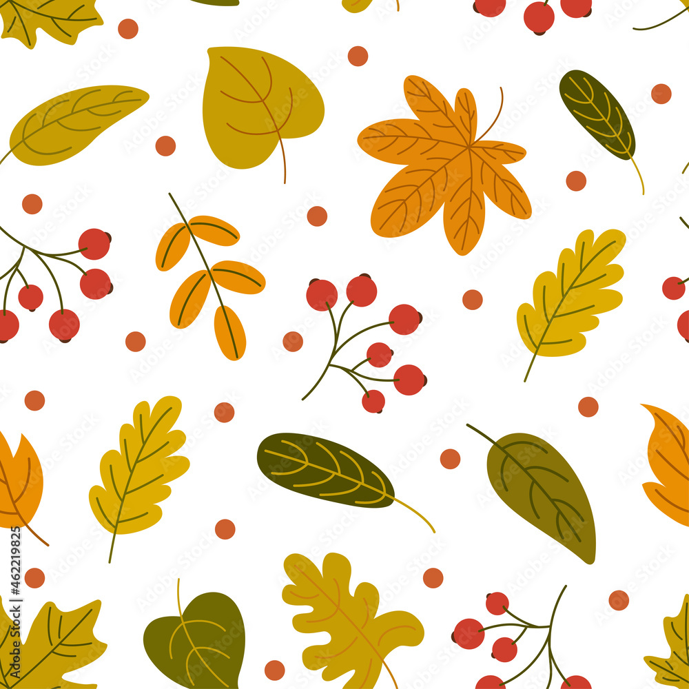 Autumn background with leaves and rowan. Seamless pattern with falling autumn leaves and bunches of rowan berries on a white background. Autumn background with leaves and rowan. Seamless pattern with falling autumn leaves and bunches of rowan berries on a white background.