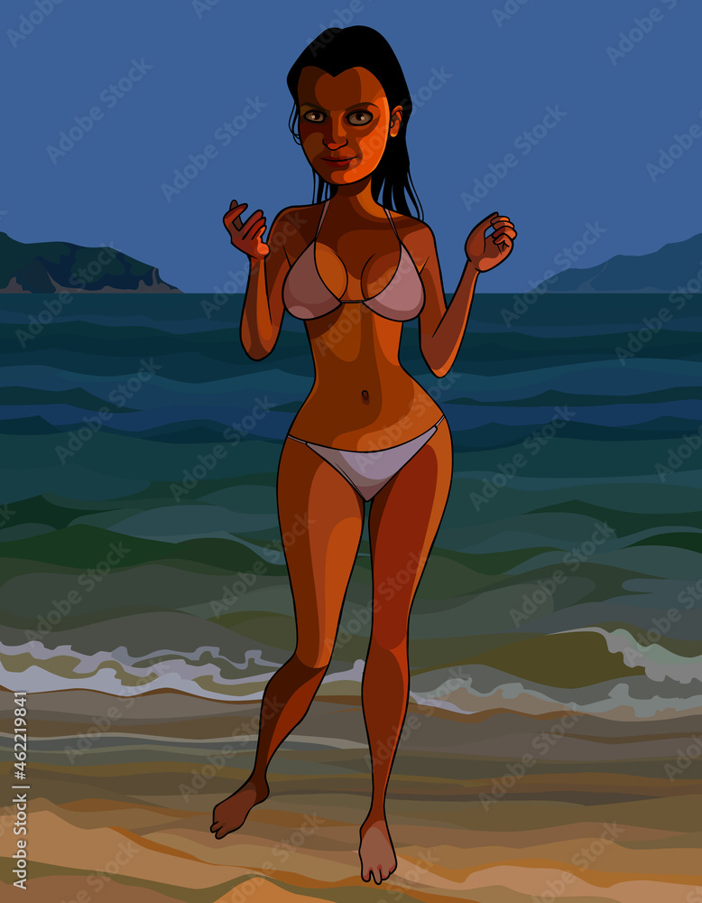 cartoon woman in swimsuit by the sea in the evening