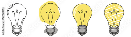 Lightbulb icons in doodle. Idea light bulb set in sketch. Hand drawn icons