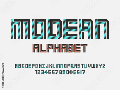 Optical illusion style alphabet design with uppercase, numbers and symbols