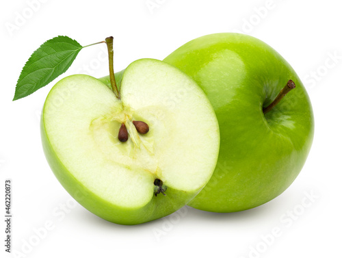 Fresh green apple fruit and halves with leaves isolated on white background.