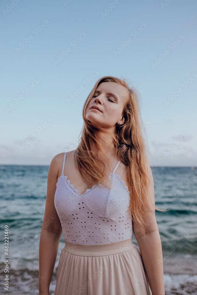 Charming woman with long hair on beach Charming woman with long hair on beach
