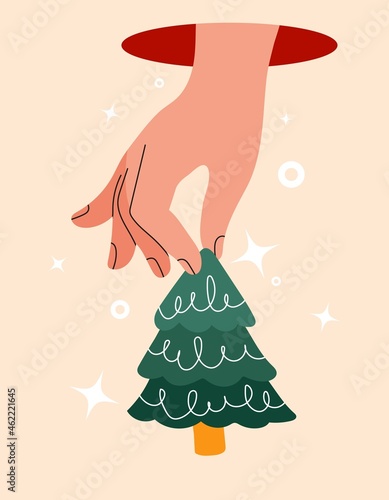 Hand holds cut out paper Christmas tree for xmas. Close up fingers emerge from tunnel. Modern design element for New Year card with gender neutral hand and stars. Vector illustration on isolated color