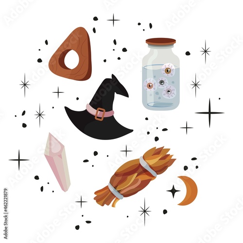 A set of mystical and magical elements. Vector illustration. Items for divination and magic. A witch's hat, a bunch of grass, a crystal, a divination board, eyes. A symbol of witchcraft.