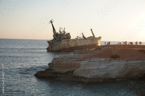 Edro III Shipwreck surrounded by the sea in Peyia, Cyprus photo