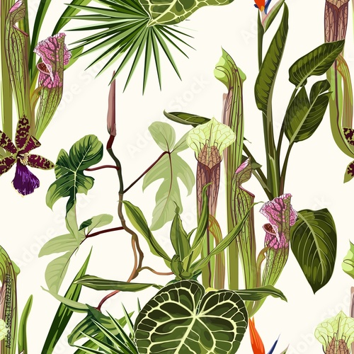 Tropical seamless pattern. Summer print. Jungle rainforest. Sarracenia, genus of carnivorous plants. Monkey cups exotic plant. Seamless floral pattern with exotic flowers and palm leaves.