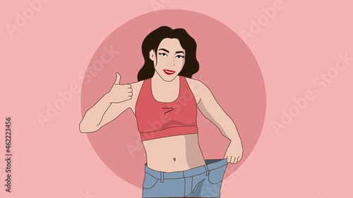 Woman in jeans. Woman loses weight.