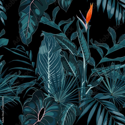 Tropical vintage  palm, monstera, plant, strelitzia orange flowers floral seamless border black background. Exotic vintage jungle wallpaper.
