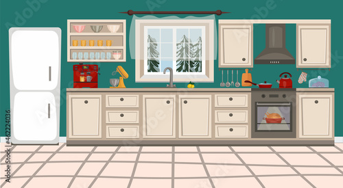 Kitchen interior with furniture, kitchen stove, kitchen utensils and household appliances. Vector illustration in flat cartoon style