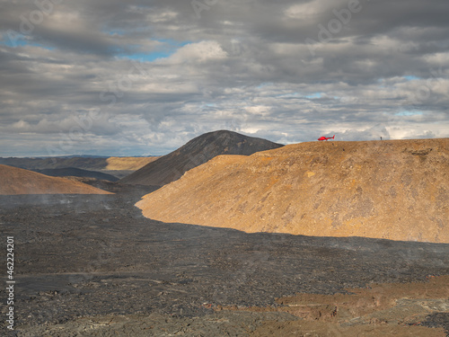 Spectacular helicopter tour over the lava fields and Fagradalsfjall volcano crater, Iceland. (ID: 462224201)