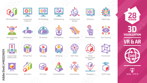 3D visualization color icon set with virtual augmented reality (VR & AR) visual technology glyph symbols: graph data, glasses, headset and helmet, computing industry, sensor, rendering and software.