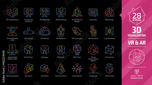 3D visualization outline color icon set in dark mode with virtual & augmented reality (VR & AR) visual technology, STEM presentation editable stroke line sign: three dimensional object, framework.