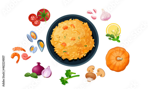 
Plate with risotto and various ingredients. Pumpkin, mushrooms, sea fruits, etc. Traditional Italian cuisine. Vector illustration