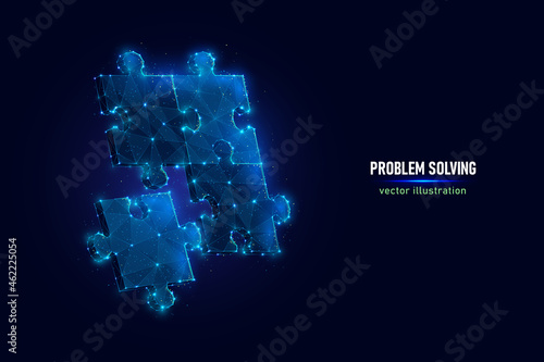 Business team metaphor digital wireframe made of connected dots. Symbol of good teamwork, cooperation, partnership low poly vector illustration on blue background.