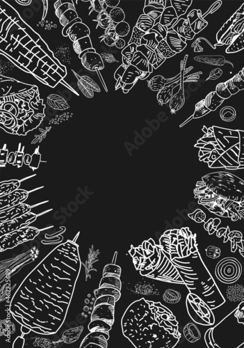 Shawarma cooking and ingredients for kebab. Doner kebab hand drawn. Middle eastern food. Fast food menu design elements. Restaurant cafe menu, template design. Food flyer. Vector.