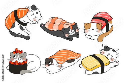 Draw collection kawaii sushi cats  Doodle cartoon style