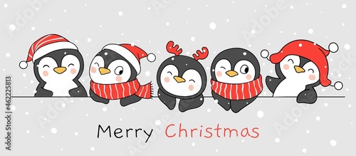 Draw funny penguin for christmas and winter