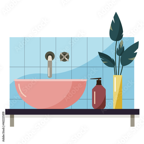 Modern bathroom interior with sink, soap, plant and shelf. Flat style.