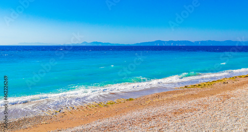 Elli beach landscape Rhodes Greece turquoise water and Turkey view.