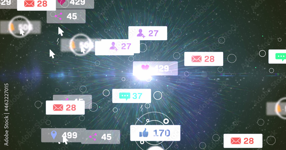 Image of social media icons and numbers on white banners over stars on glowing sky Image of social media icons and numbers on white banners over stars on glowing sky