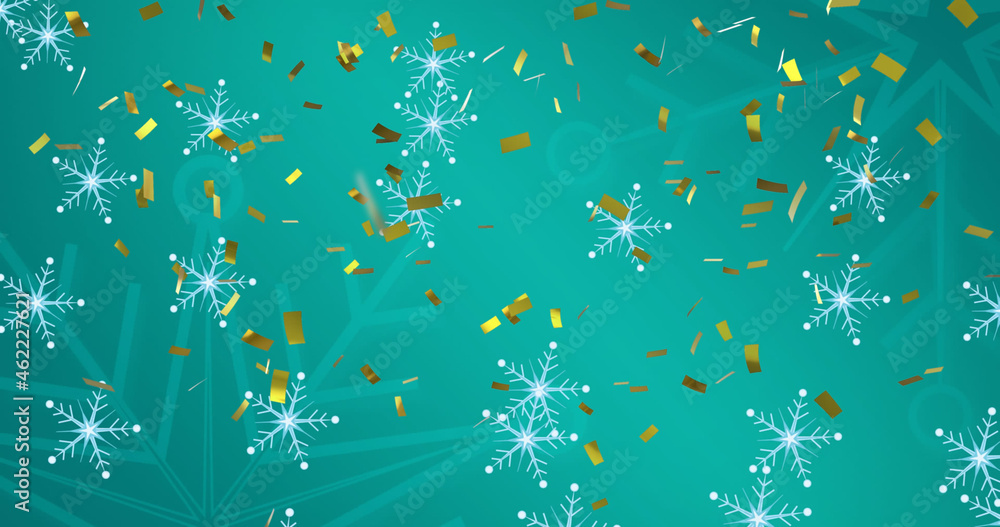 Image of falling snowflakes and confetti on blue background