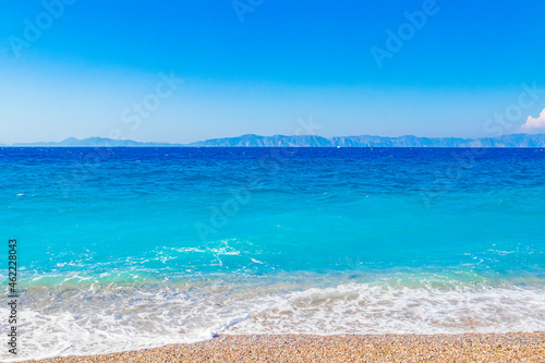 Elli beach landscape Rhodes Greece turquoise water and Turkey view. photo