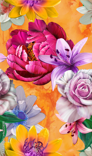 flower petals seamless hand drawing art design, leaves digital painting