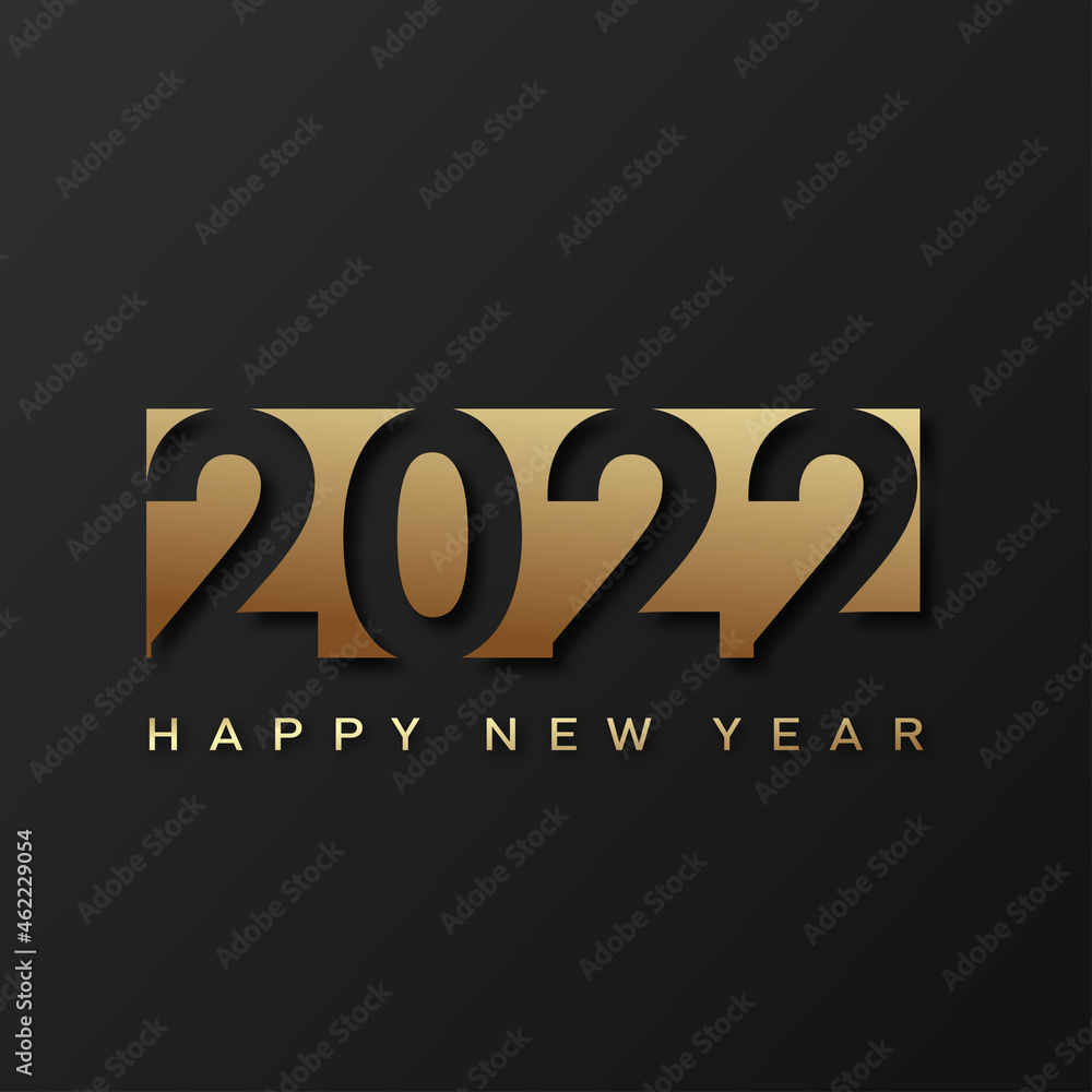 2022 Happy New Year card with luxury golden text on black background. Vector