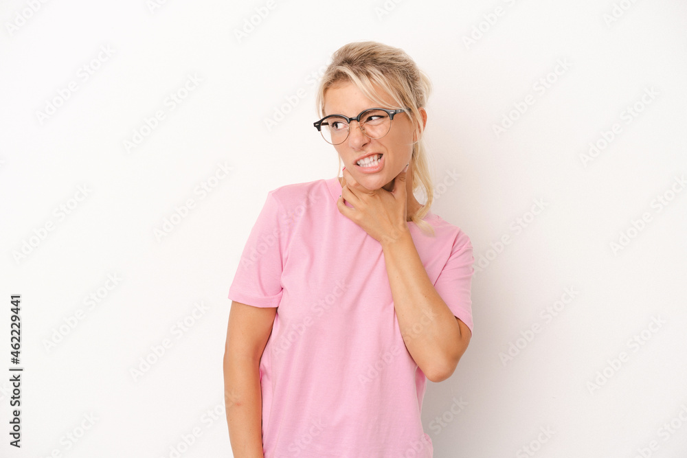 Young Russian woman isolated on white background touching back of head, thinking and making a choice. Young Russian woman isolated on white background touching back of head, thinking and making a choice.