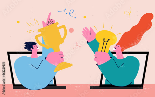 Partnership, teamwork, online meeting, business leadership concept. Winners team flat vector illustration. People from laptop screens sharing award winning ideas
