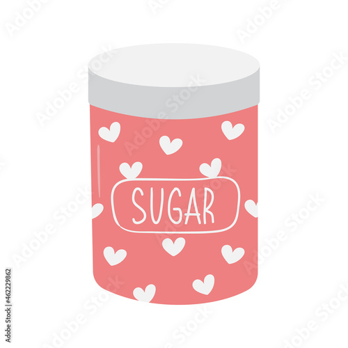 Cute hand drawn sugar jar. Pink cane for baking ingredient. Doodle illustration icon. Kitchen clutter