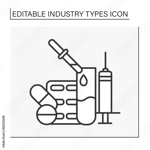  Pharmaceutical industry line icon. Research, mass production development and distribution of medicines. Medications and treatment.Business concept. Isolated vector illustration. Editable stroke