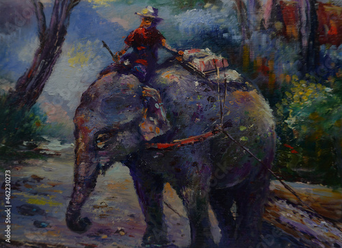 Art painting Oil color Elephant family thailand , agriculturist , rural life , rural thailand 
