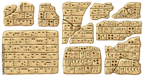 Akkadian cuneiform, assyrian and sumerian writing. Set old scripts alphabet babylon in mesopotamia carved on clay or stone. Language of ancient civilization middle east. photo