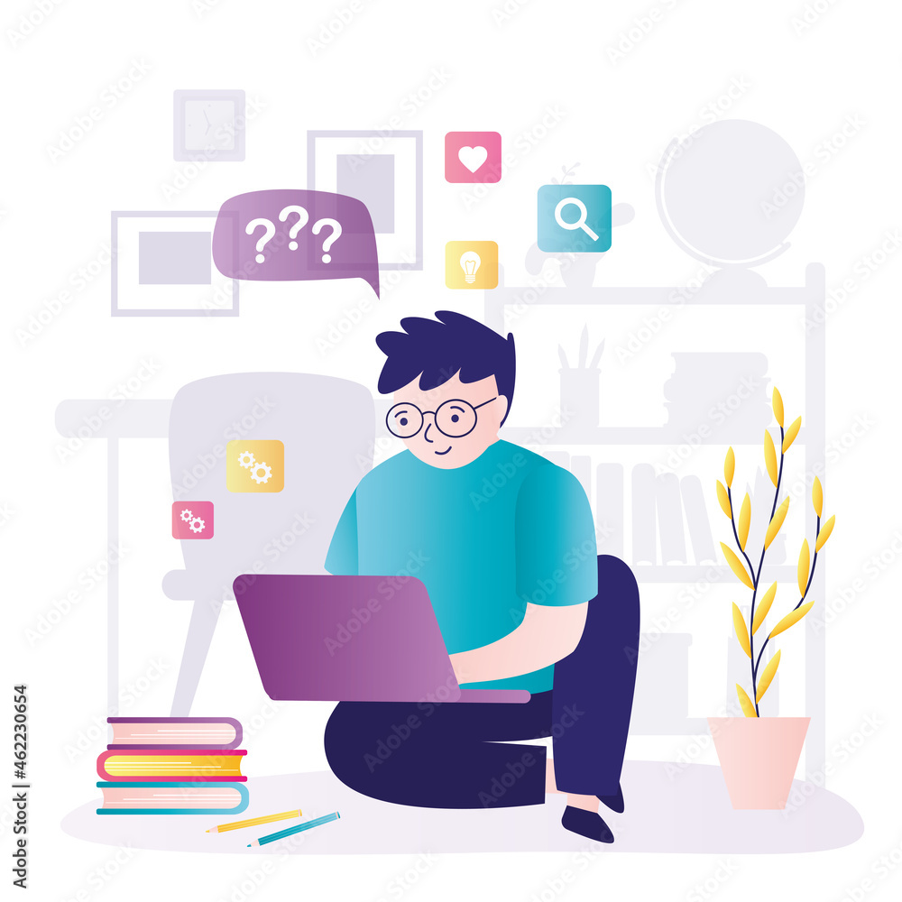 Boy has questions about e-lesson. Happy student learns remotely at home. Male character watches online course Boy has questions about e-lesson. Happy student learns remotely at home. Male character watches online course