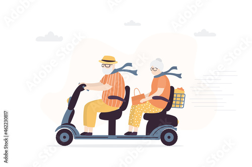 Elderly couple riding electric tricycle. Grandfather and grandmother ride scooter to the shopping. Older man driving electric wheelchair. Transport for old people.