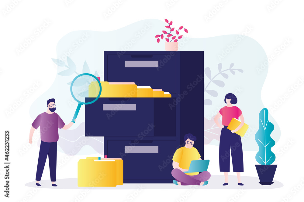 Worker with magnifying glass looking for documents in archive. Team of employees organizes and sorts data folders Worker with magnifying glass looking for documents in archive. Team of employees organizes and sorts data folders