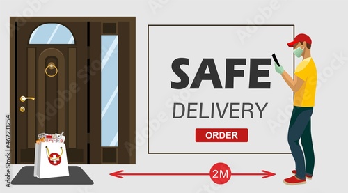 Medicines in package before  front dooг and courier at a safe distance. Safe contactless delivery to home to prevent the spread of the corona virus.