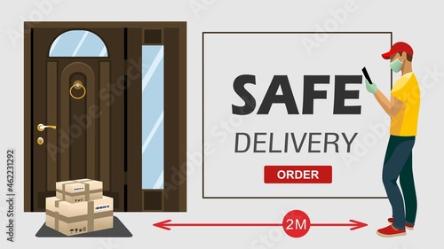 Contactless delivery concept illustration. Vector scene with courier  in protective masks and parcel on safe distance before front door. Protect  to covid-19 or coronavirus