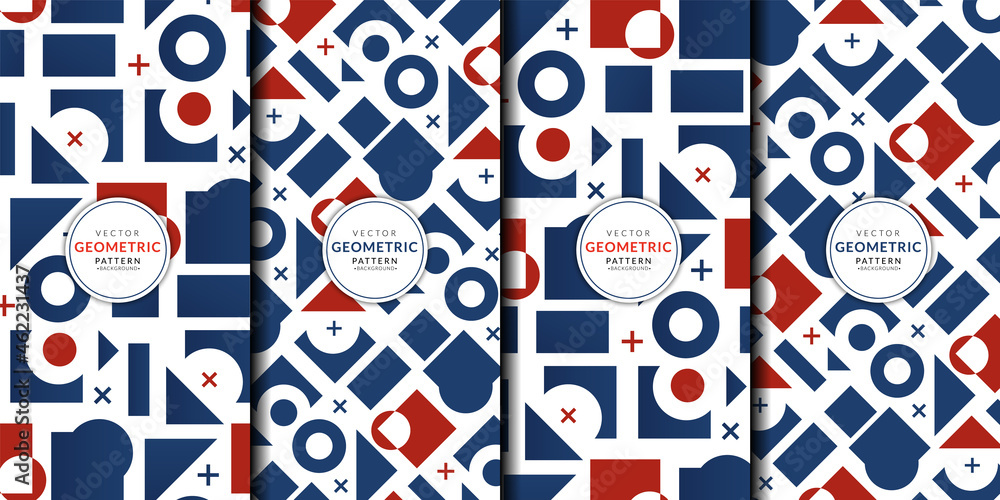 Obraz premium Abstract geometric pattern combination set. Vector circle, triangle, square lines color art wallpaper. Brochure template red blue collection for fabric patterns and wrapping paper.